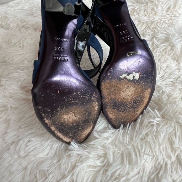 Miu Miu Navy Blue Suede Black Patent Leather Slingback Heels Sandals Size 9.5 - Picture 11 of 14